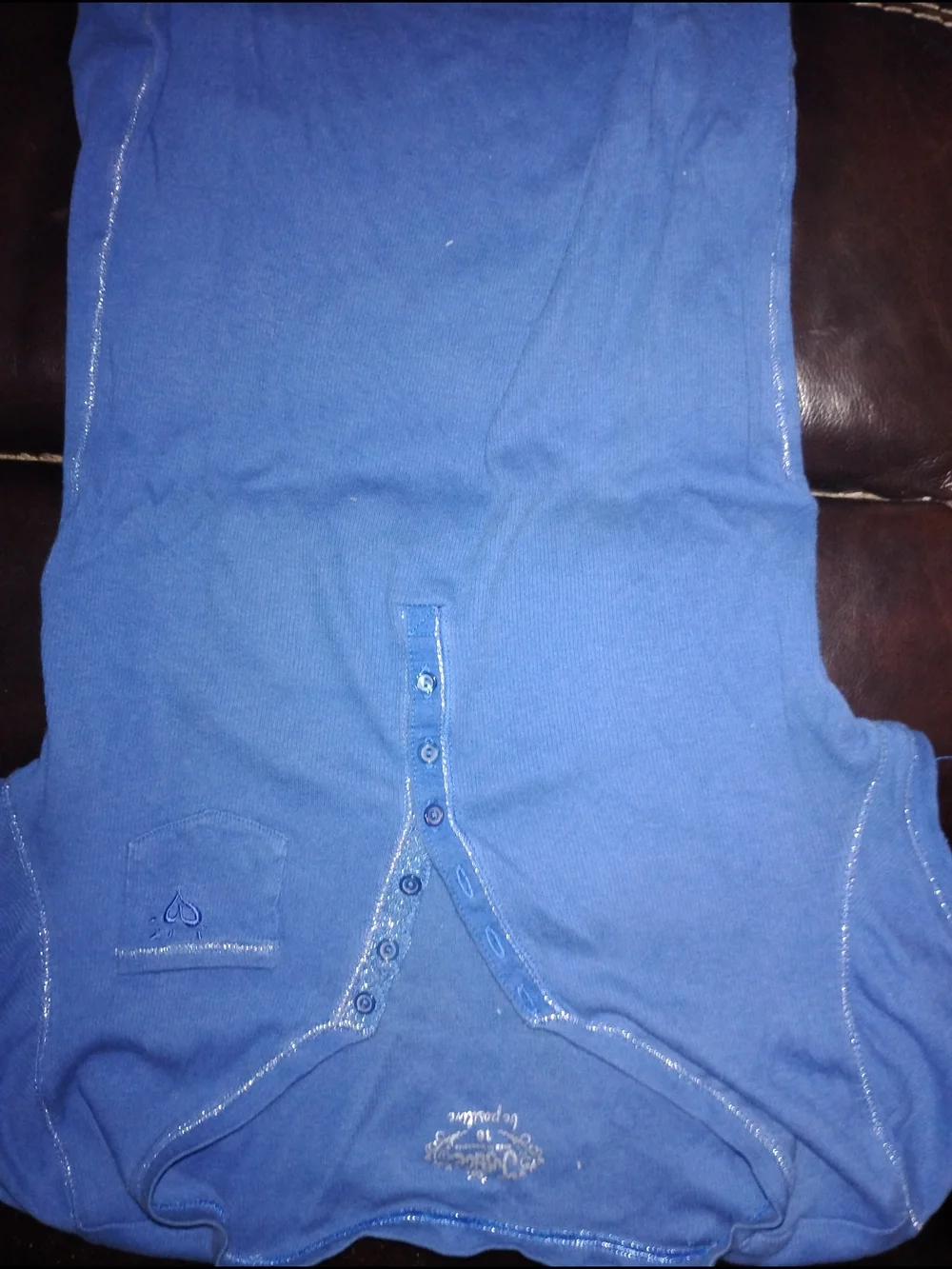 Justice Girls Blue Henley Top with Button Detail With Silver Glitter on All Hem